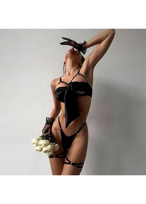 Чорний демісезонний гарний комплект із бантом і гартерами розмір s l чорного кольору. неймовірно ефектний набір із бантом China