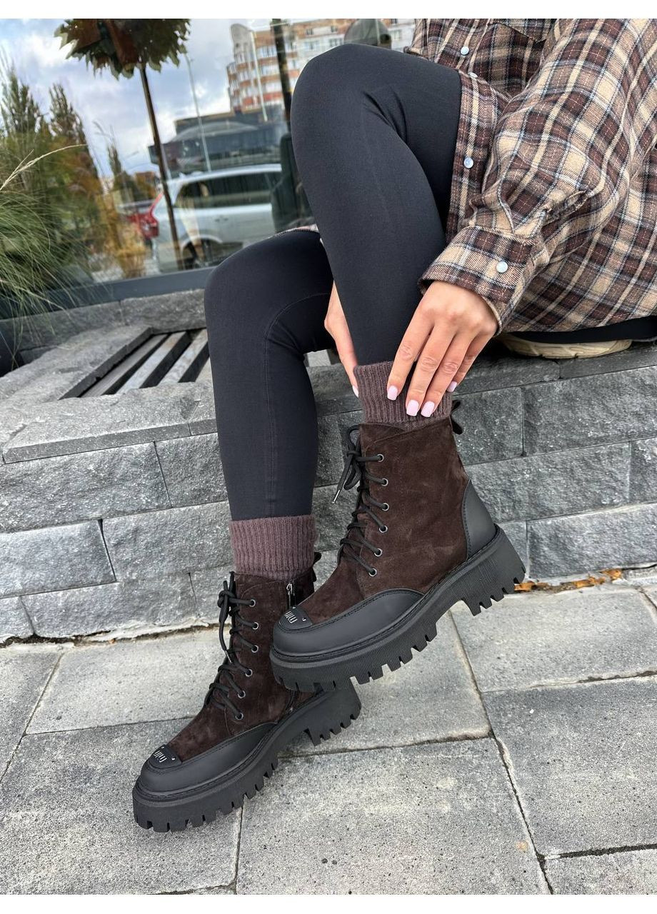 Зимние стильные женские ботинки No Brand со шнуровкой из натуральной замши