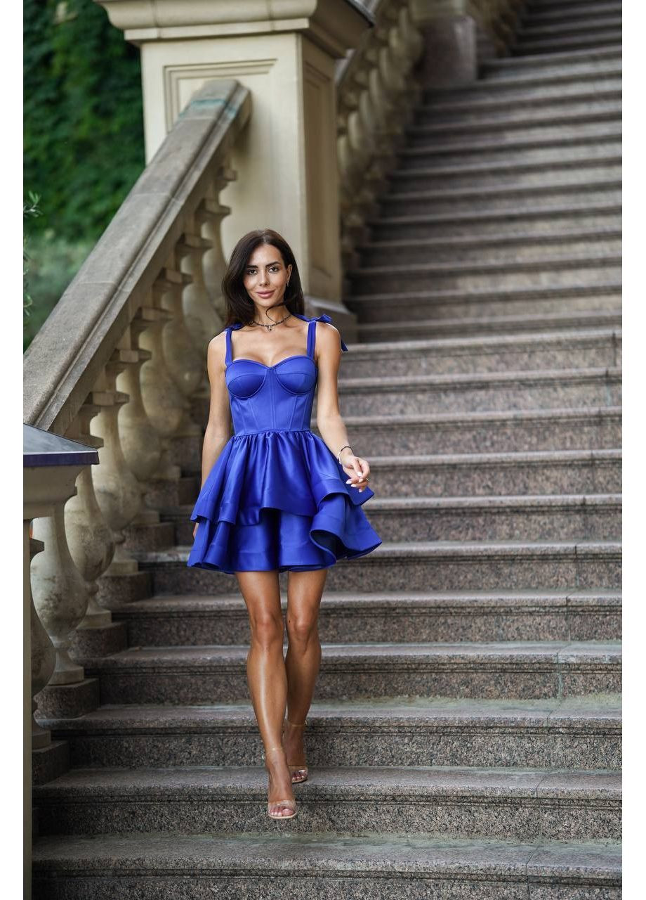 Светло-синее праздничный мини-платье с корсетным лифом и пышной многоярусной юбкой с пышной юбкой MonCher