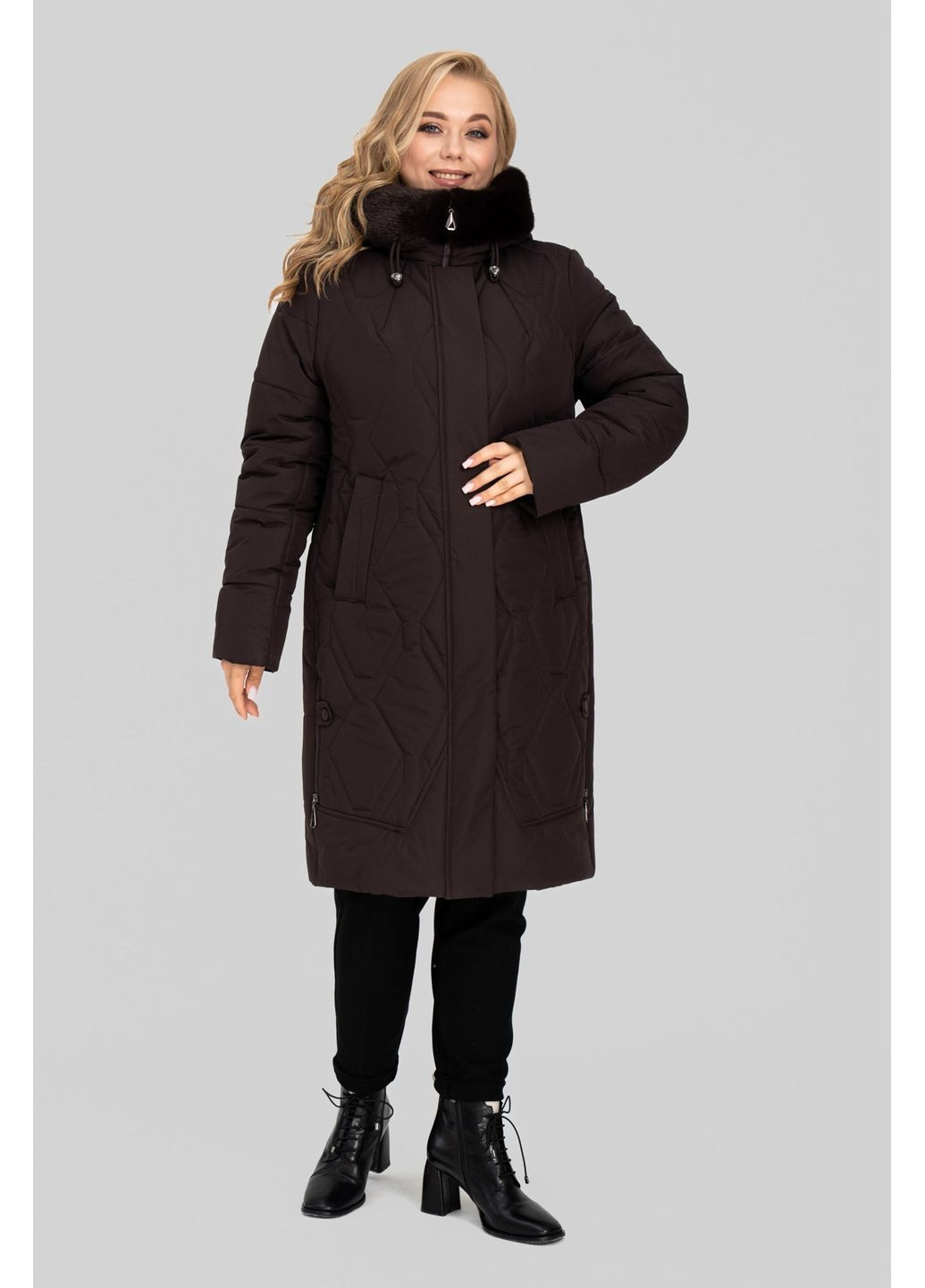 Коричневе зимнє Пальто жіноче Евеліна з капюшоном та кишенями All Posa (ap102620p) A'll Posa