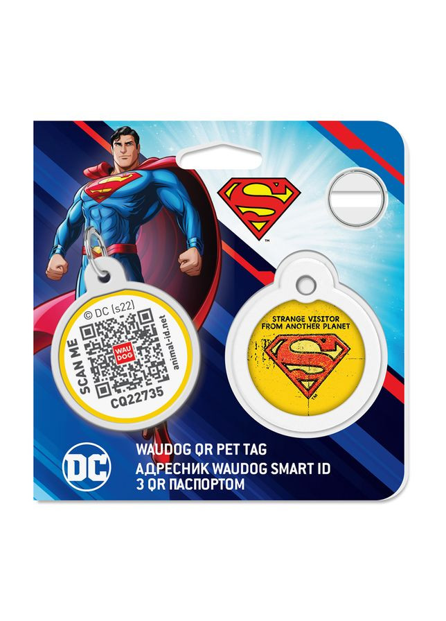 Адресник для собак и котов металлический Smart ID c QR паспортом, рисунок "Супермен винтаж", круг, Д 30 мм WAUDOG (330245232)