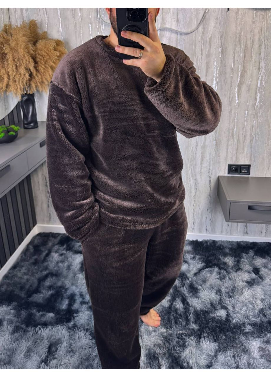 Коричневый зимний теплая и комфортная мужская пижама брючный No Brand