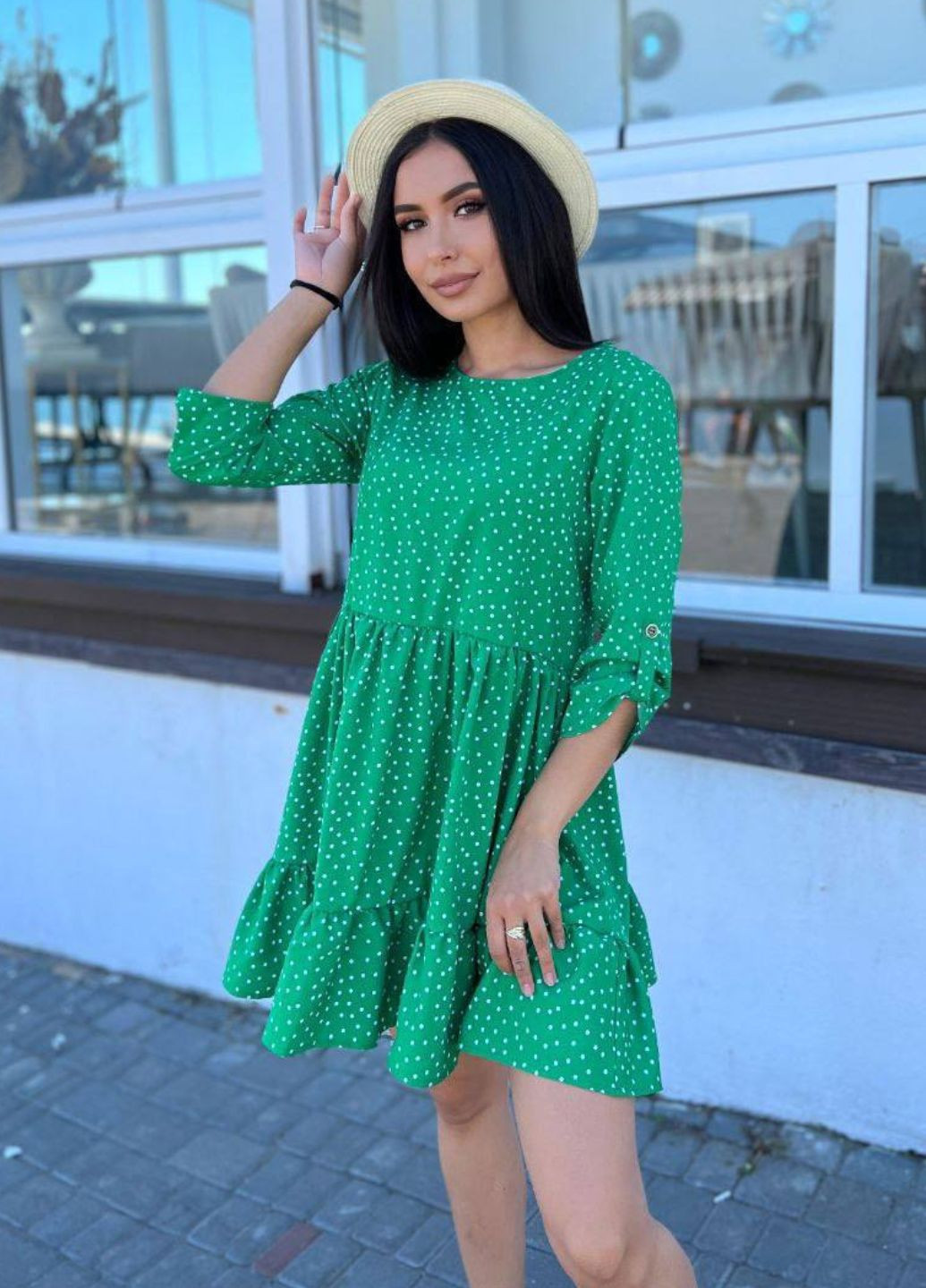 Зеленое повседневный свободное летнее платье в горошек No Brand в горошек