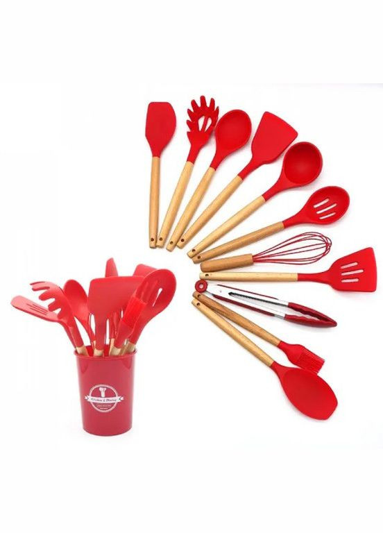 Набір кухонних предметів Silicone kitchen utensils set 12 предметів Червоний Edenberg (297330996)