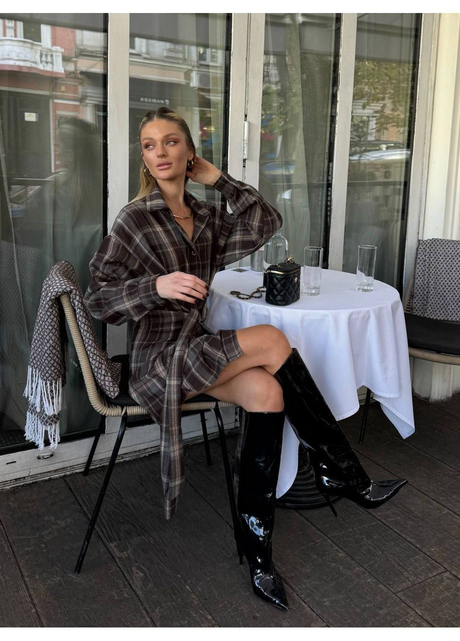 Коричневое повседневный, вечернее, деловое, кэжуал женское платье рубашка рубашка No Brand в клетку