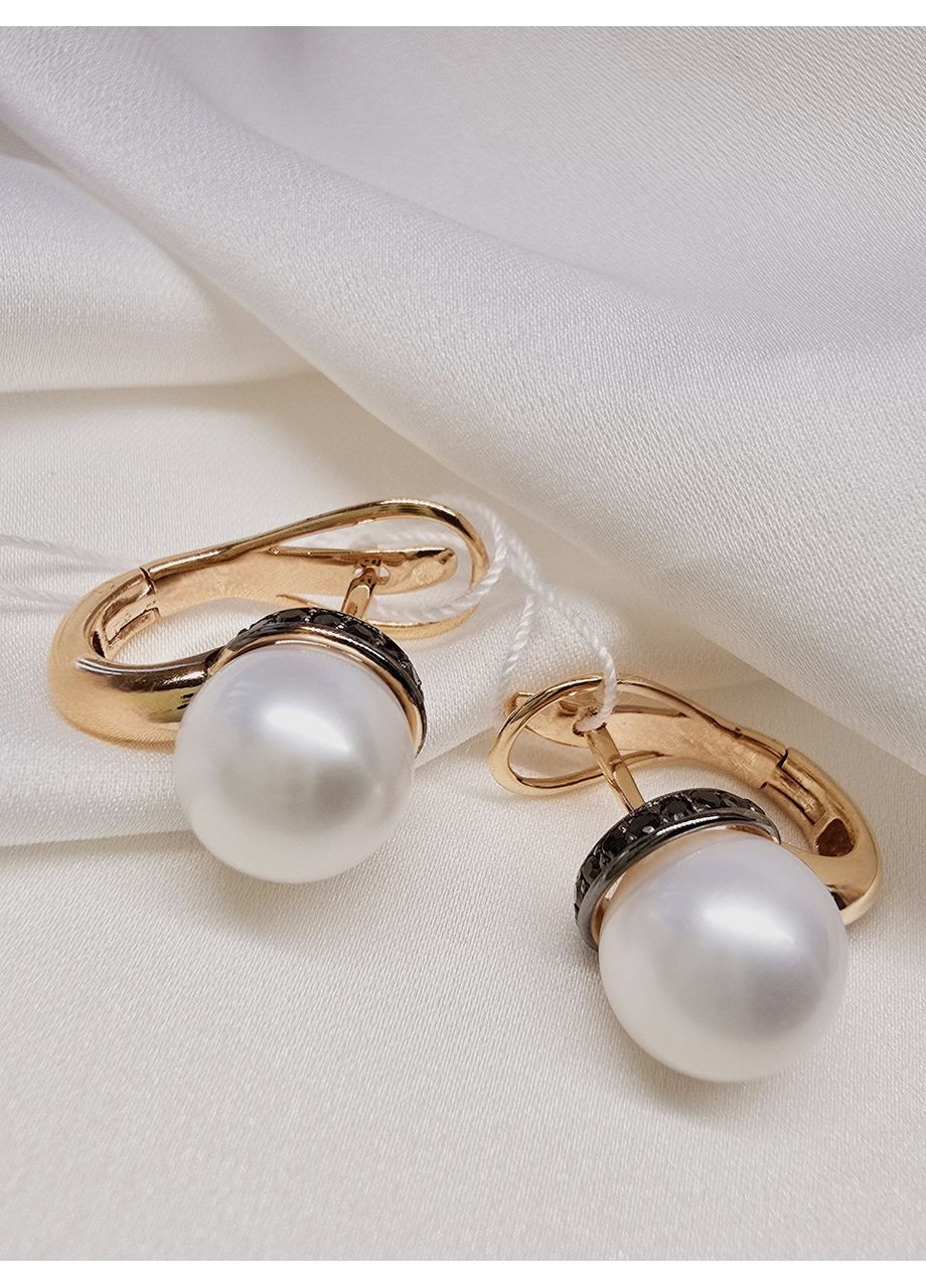 Золоті сережки з перлами та чорними фіанітами, червоне золото 585 проби 2191010101-1с SOVA jewelry house (355795750)