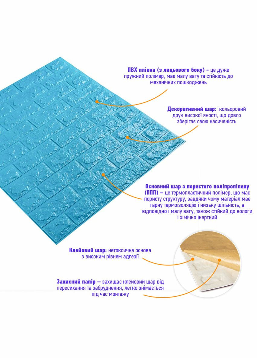 3D панель самоклеюча цегла Блакитна 700х770х7мм (005-7) SW-00000658 Sticker Wall (298284651)