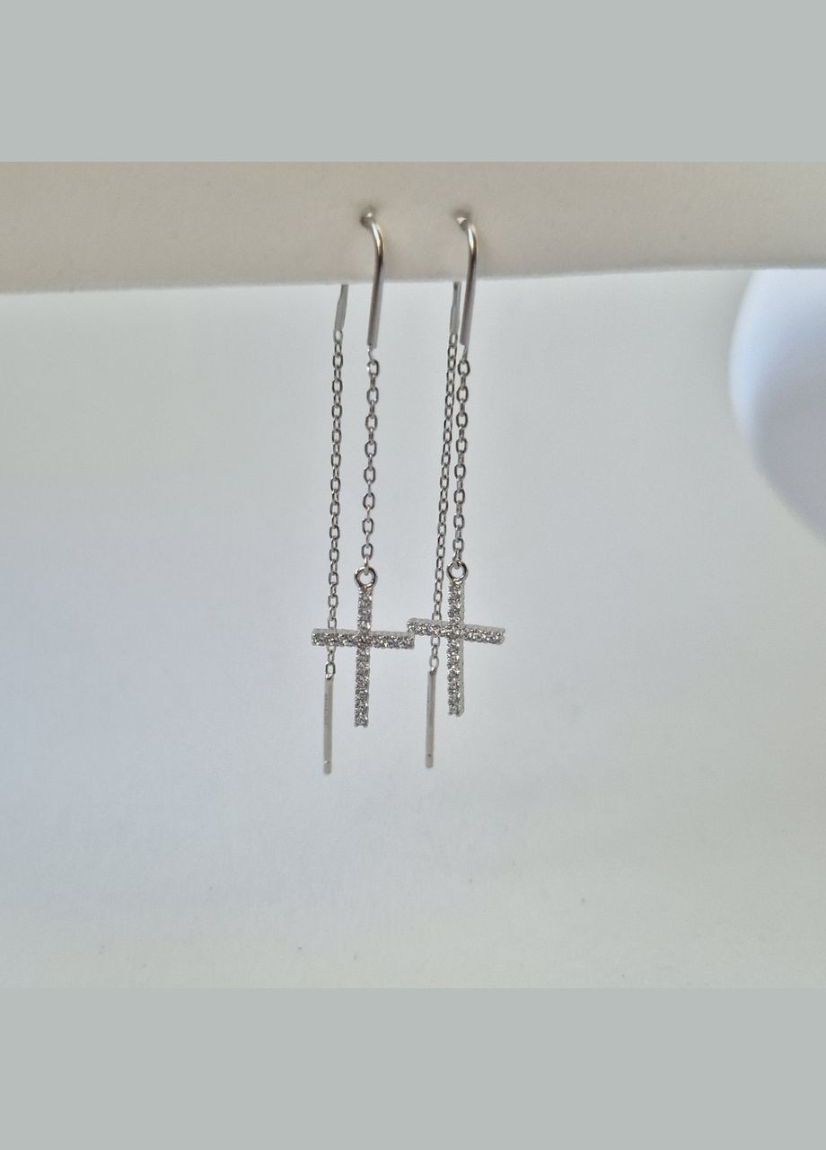 Срібні сережки протяжки цепочки Хрест в Білих каменях срібло 925 проби Родоване с2ф/299 1.50г No Brand (306743431)