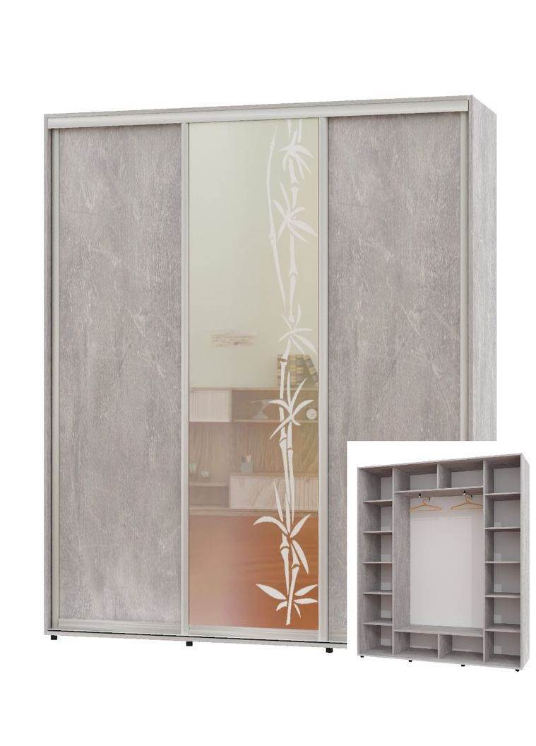 Шкаф-купе трехдверный 200*45*230 Индастриал 2 ДСП/Зеркало с пескоструйным рисунком ШК-05 Алекса (360435811)