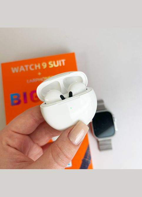 Набір 4 в 1 Suit комплект навушники Air Pro 6 + смарт годинник watch 9 + 2 додаткові ремінці оранжевий No Brand (341309974)