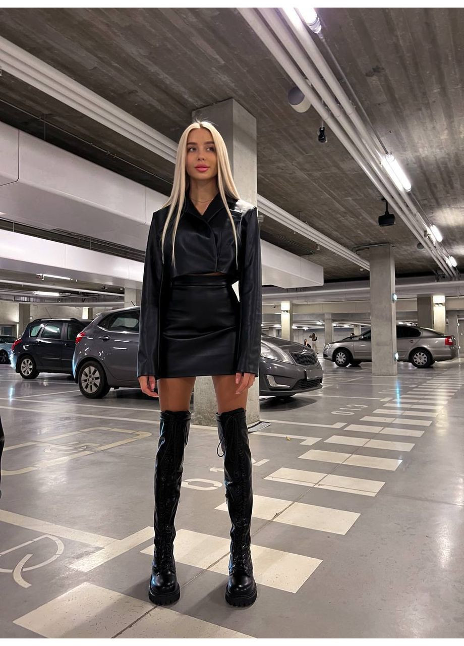 Костюм із кожзаму (жакет + спідниця) | ЗАМІР В ОПИСІ DK/DL Мода без кордонів (370682726)