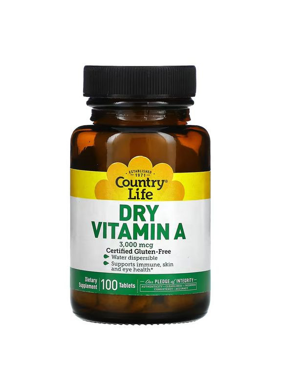 Витамины и минералы Dry Vitamin A 10000 IU, 100 таблеток Country Life (322294034)