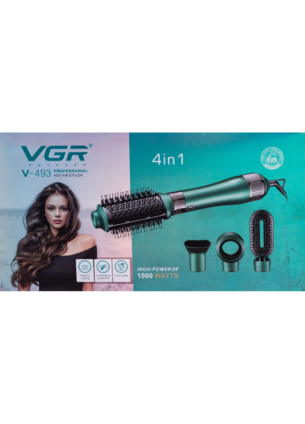 Фен-щетка для волос 4 в 1 V-493 с холодным обдувом и 4 насадки Зеленый VGR (362456075)