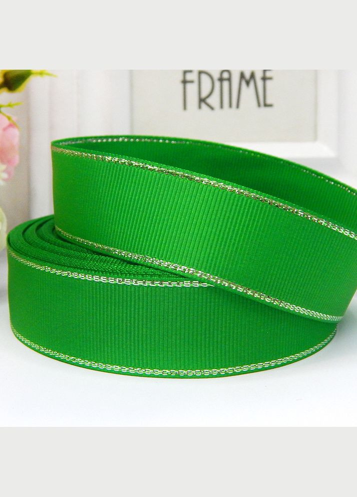 Лента репсовая с серебряным люрексом, 2,5 см, зеленая No Brand (340483614)