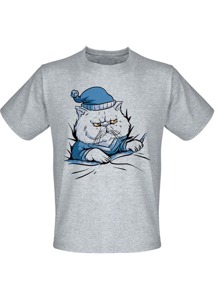 Серая футболка новогодняя sleepy cat animal in pajamas (меланж) Fat Cat