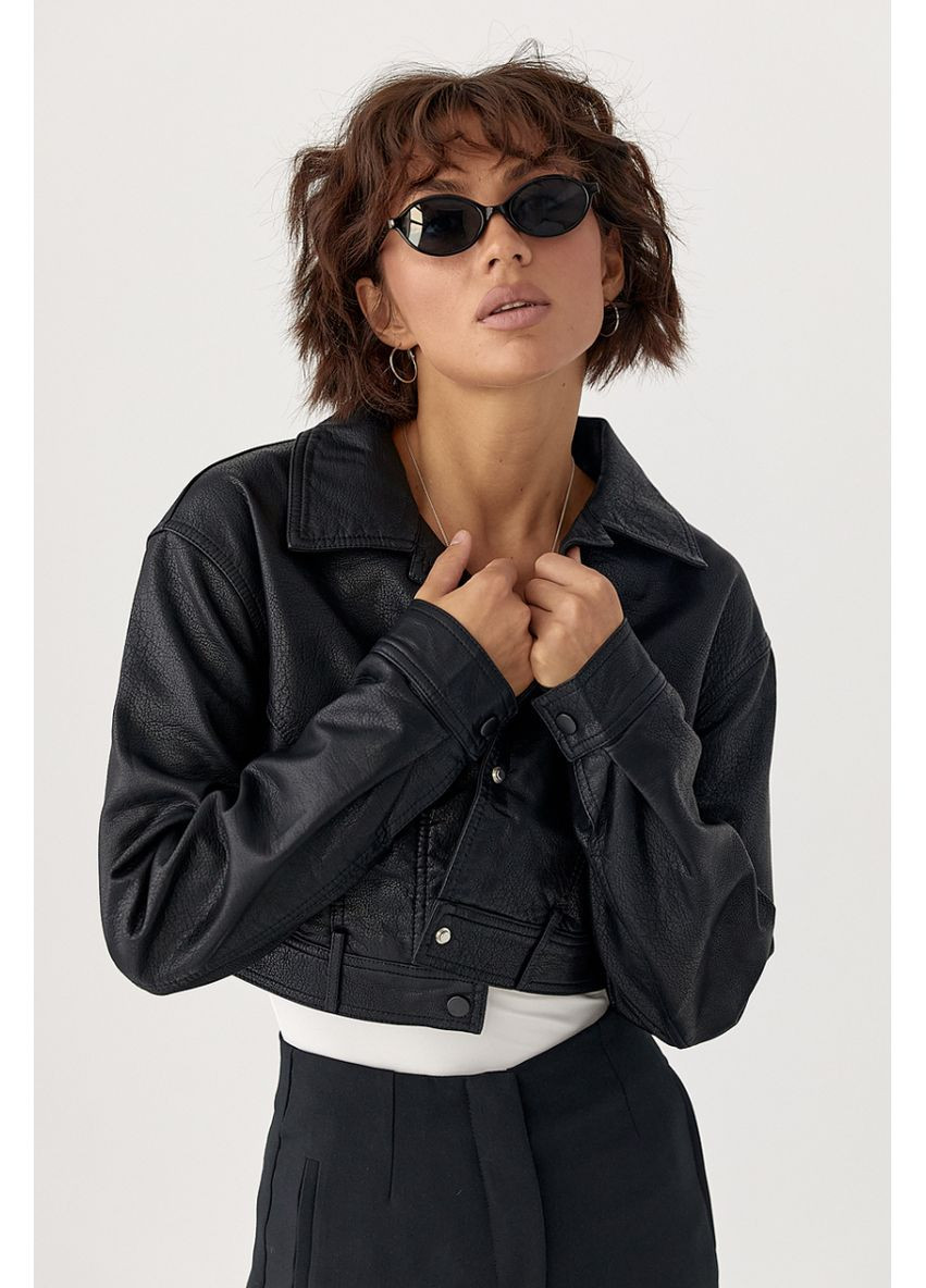 Чорна демісезонна коротка куртка зі шкірозамінника Lurex Куртка из кожзама