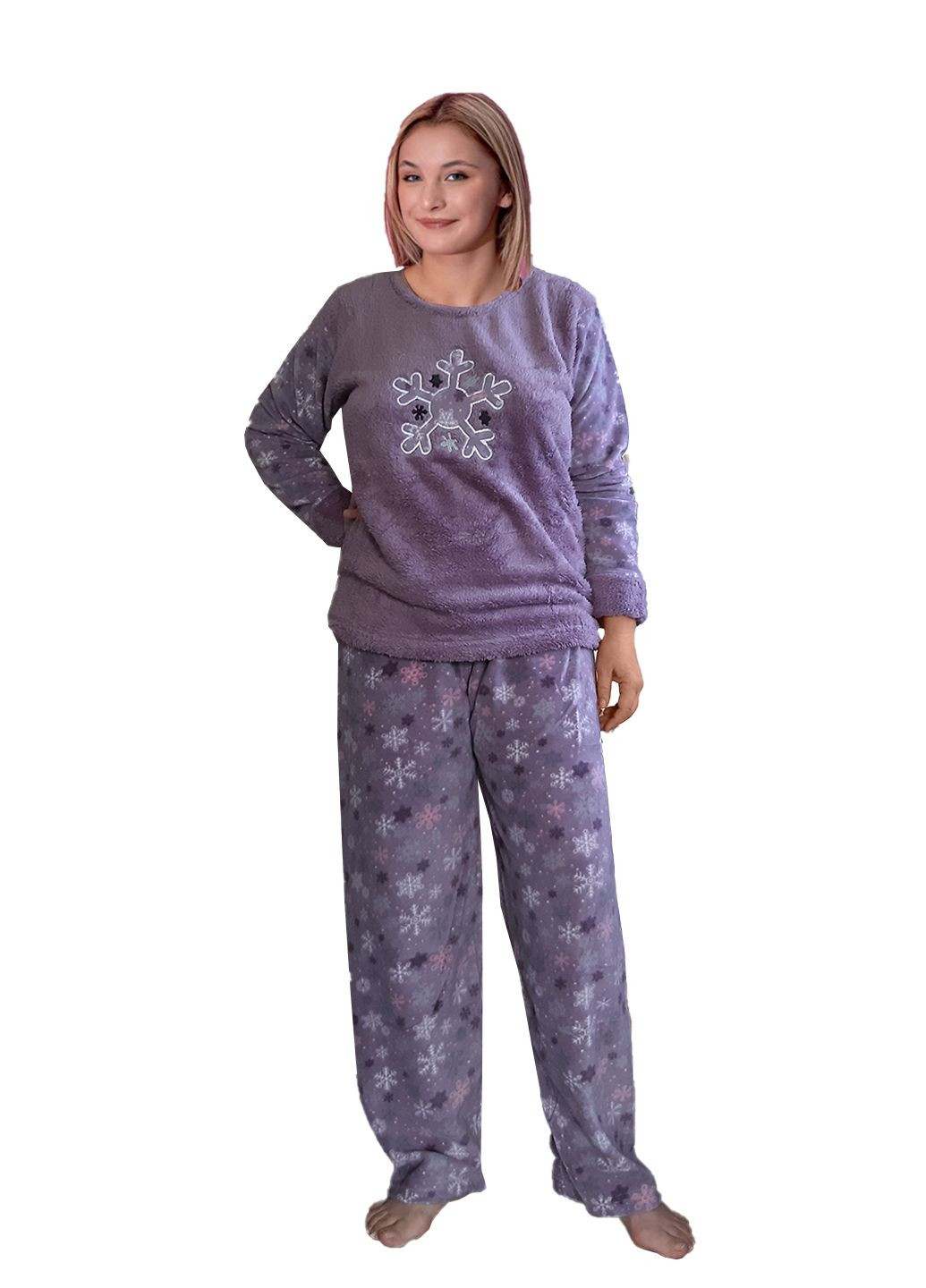 Сиреневая зимняя пижама теплая флисовая маломерная лонгслив + брюки Moon