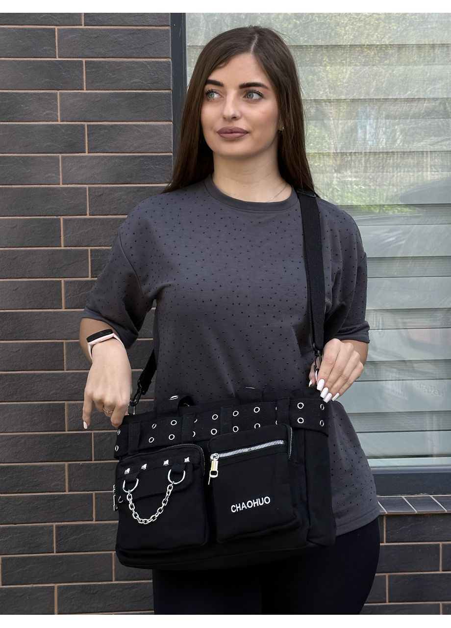 Женская холщовая молодежная текстильная сумка с кольцами и цепочкой черная No Brand (350613252)