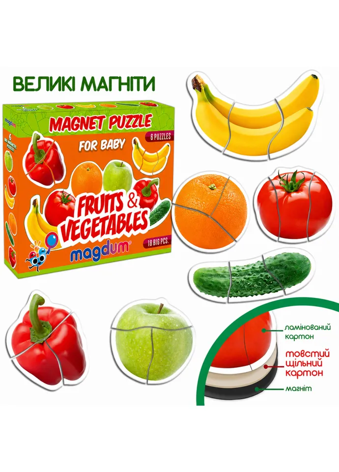 Набор магнитов Baby puzzle "Фрукты и овощи" ML4031-25 EN 6 картинок MAGDUM (408383224)