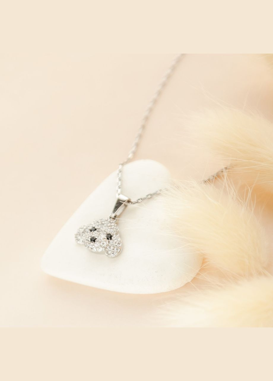 Комплект срібний Песики з білими та чорними фіанітами сережки пусети та кольє на тонкому ланцюгу No Brand (362177030)