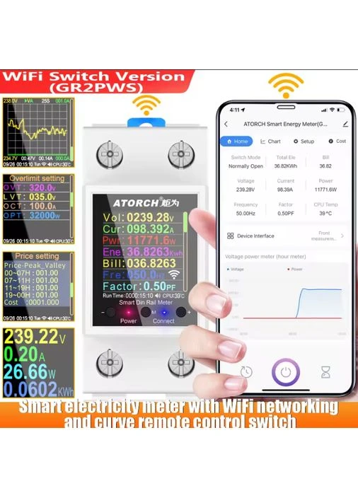 Реле розумне на DIN-рейку GR2PWS 100А з дисплеєм Wi-Fi Atorch (388645700)