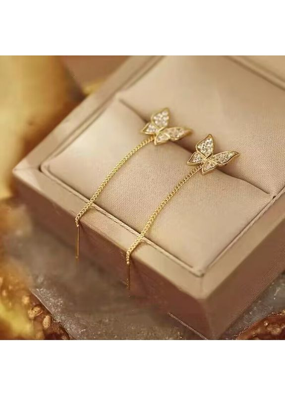 Витончені сережки гвоздики Метелики з ланцюжками і камінчиками, колір золото No Brand (356675838)