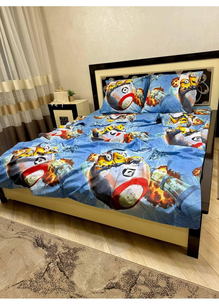 Постільна білизна бавовняна Міньйони Півтораспальна 150 x 220 Бязь Блакитна 70 х 70 No Brand (352200478)