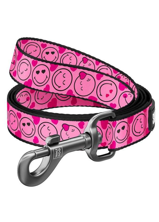 Повідець для собак WAUDOG Nylon нейлоновий з малюнком Смайлики на рожевому 15мм 122см для маленьких порід та деко ProDobro (373221171)