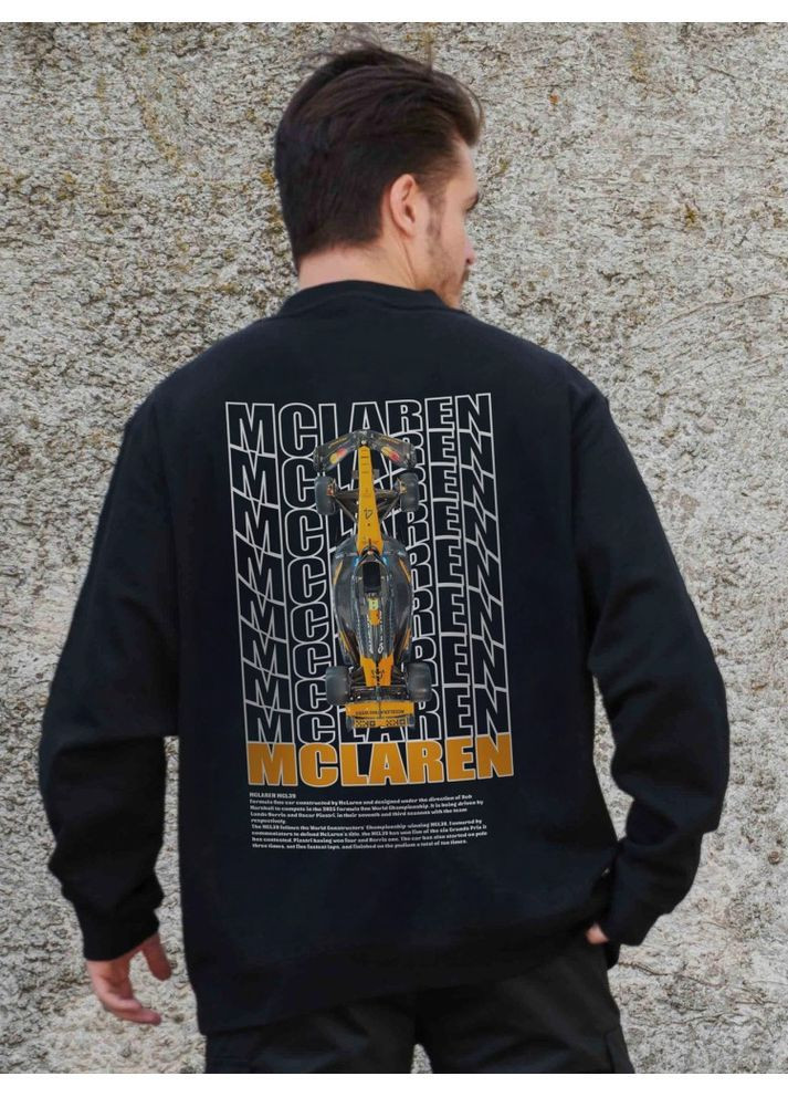 Черный утепленный оверсайз свитшот на флисе с принтом mclaren black Without (362357869)