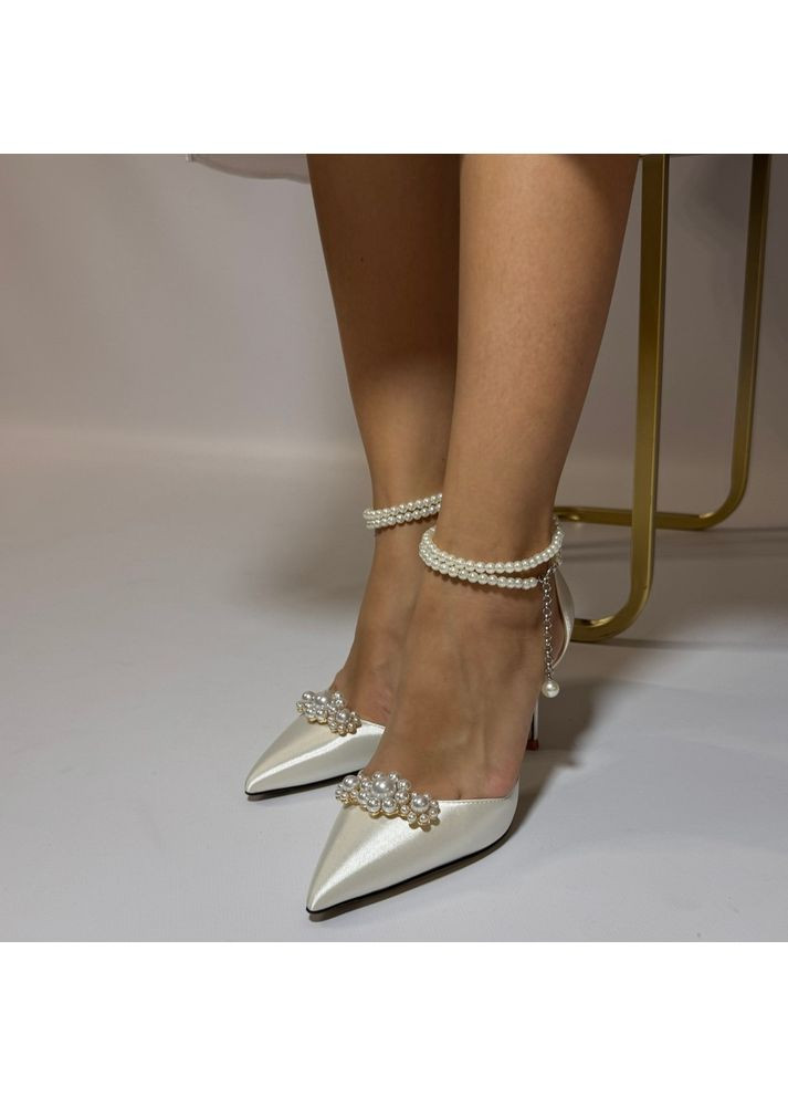 No Brand Жіночі туфлі весільні атласні та ремінцем перли та брошкою 5,5 см білий з текстиль, — (351394447)