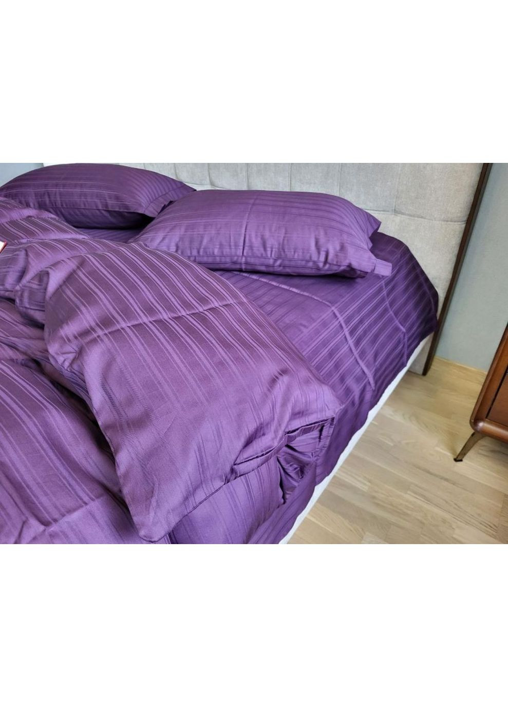 Постільна білизна з резинкою Мульти страйп сатин сливовий, PREMIUM Евро розмір, наволочки 70/70 No Brand (363190047)