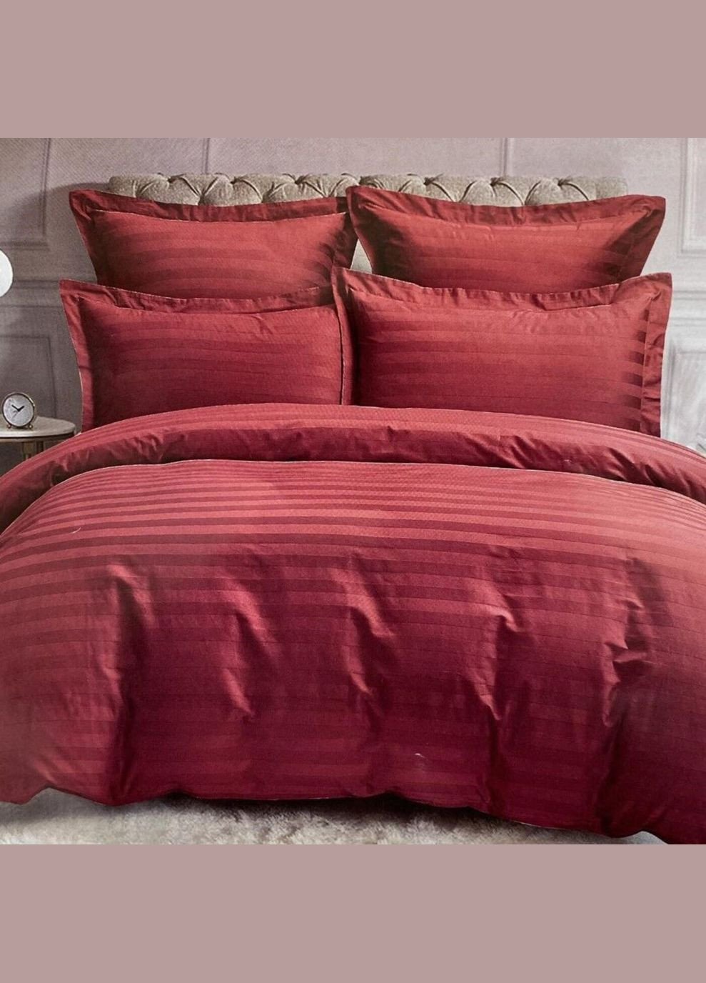 Комплект постельного белья двуспальный евро на резинке Страйп сатин бордо 551840 Ananasko (347163620)