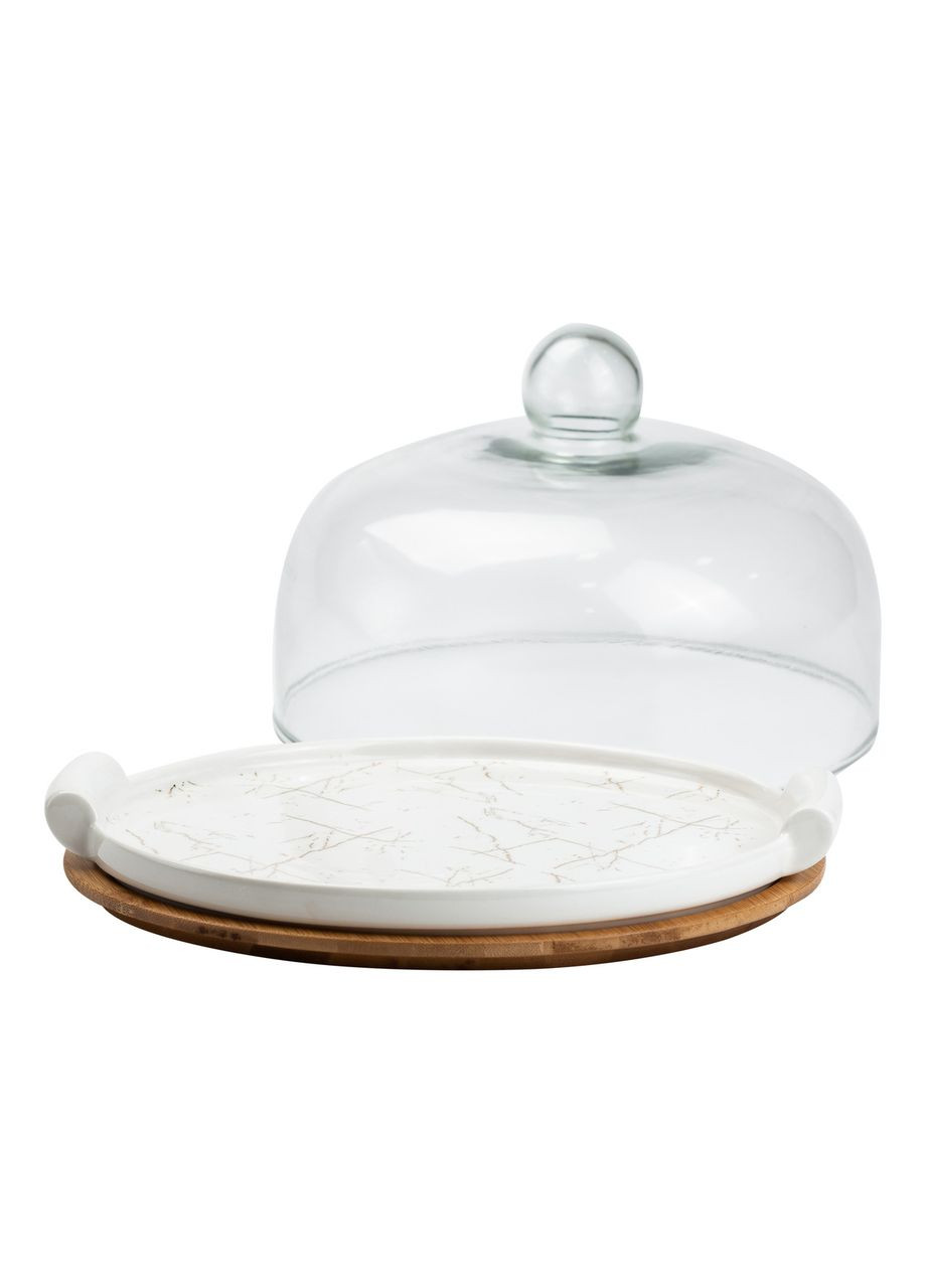 Керамическая тортовница со стеклянной крышкой на бамбуковой подставке HP1203 Yiwu (306849558)