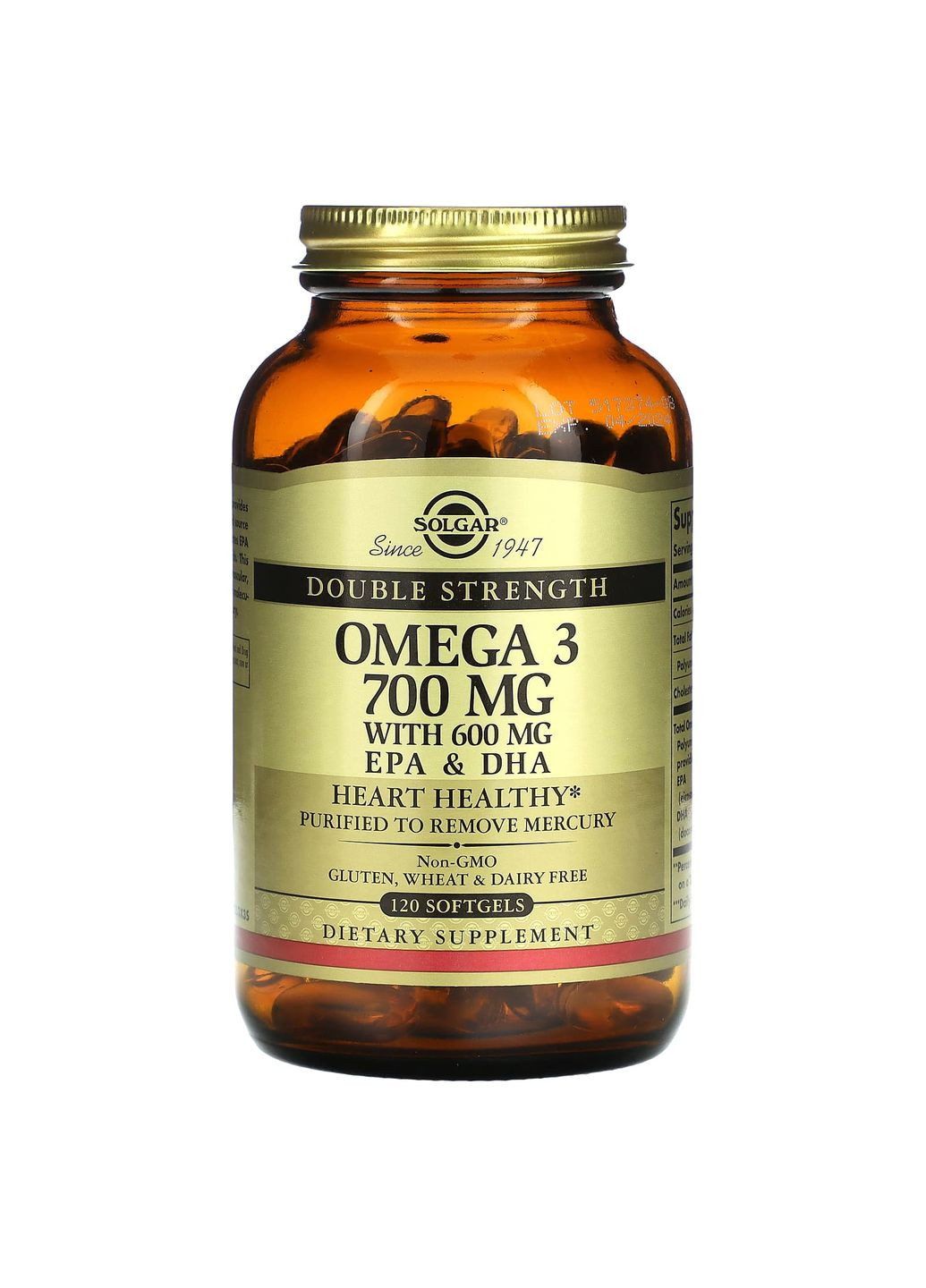 Омега-3, риб'ячий жир, Omega-3, EPA & DHA,, подвійна сила, 700 мг, 120 гелевих капсул Solgar (367990132)
