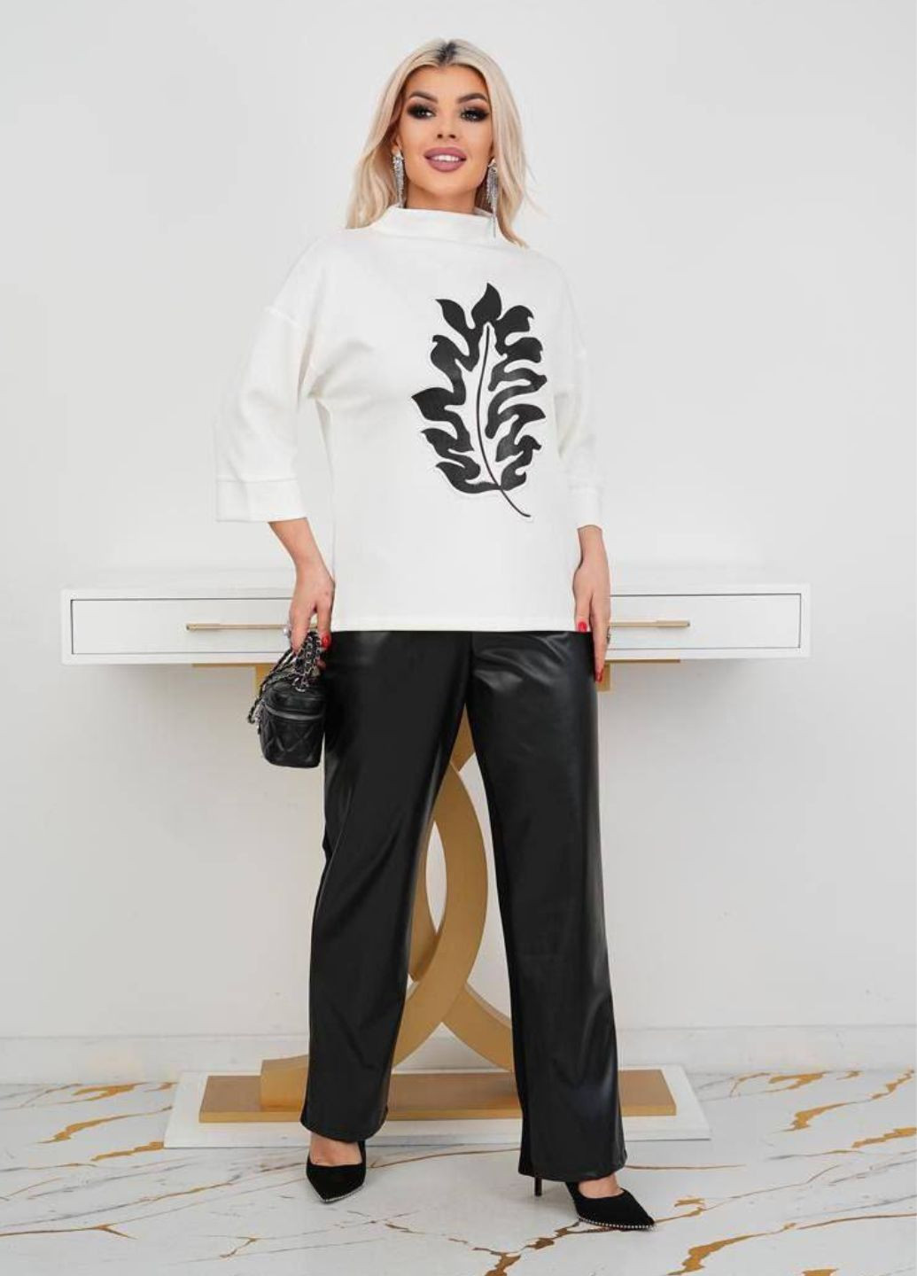 Костюм-двійка: штани з екошкіри та кофта з двунитки Україна (325701884)