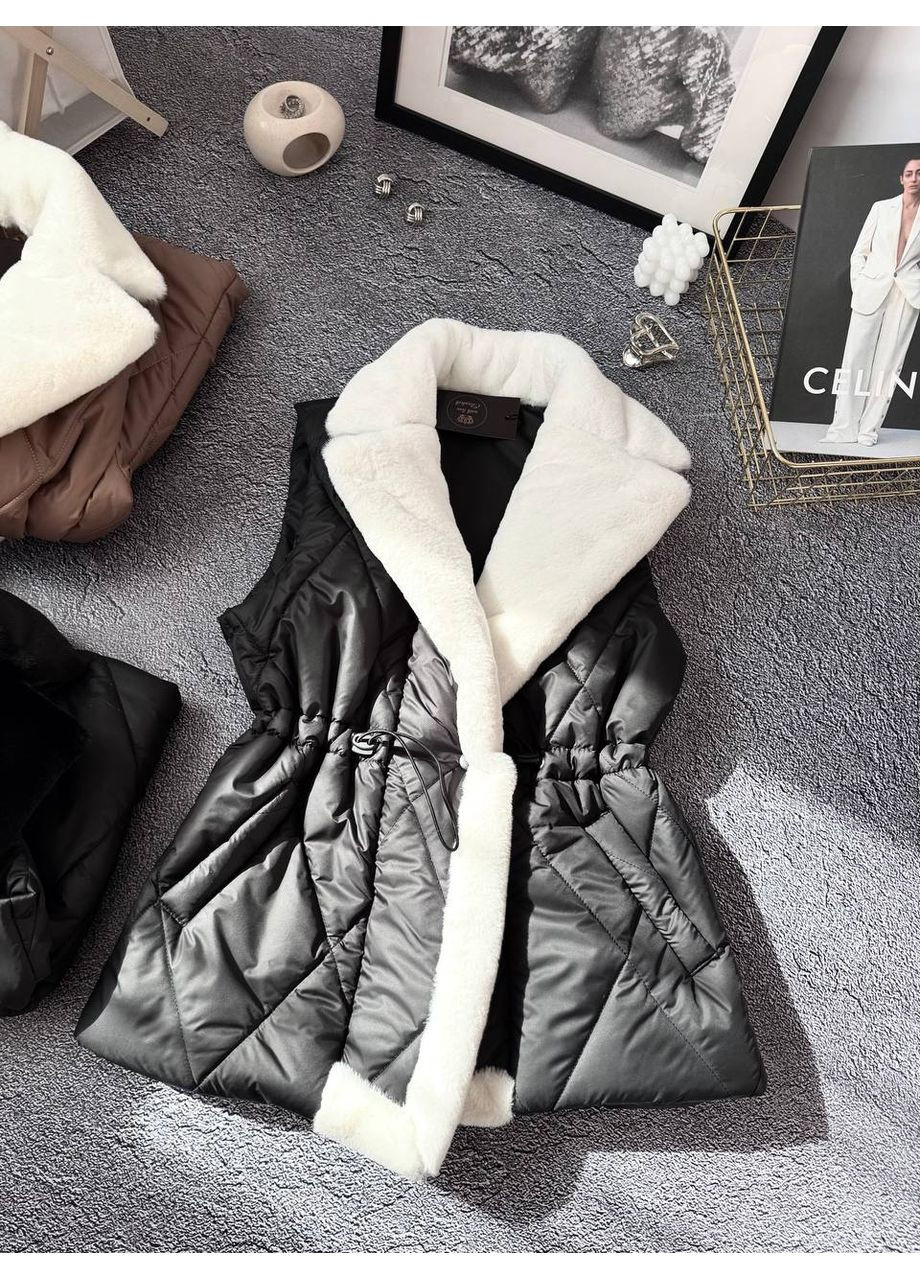 Жилетка плащівка Лаке,силікон 200,хутро кролик,пояс на затяжці,з кишенями Україна (358901525)