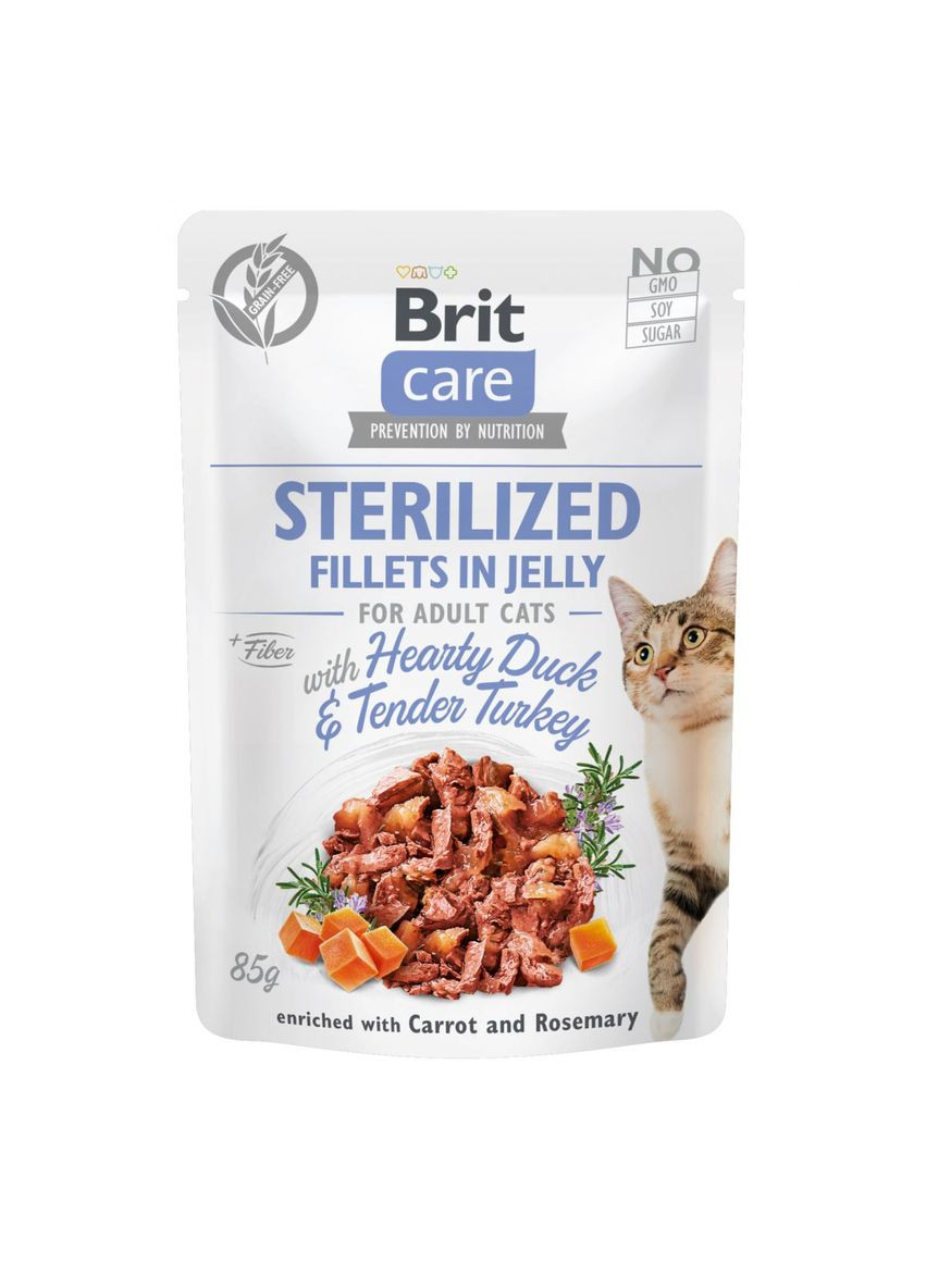 Вологий корм для кішок Cat pouch для стерилізованих 85 г (качка та індичка в желе) (8595602540549) Brit Care (279564346)