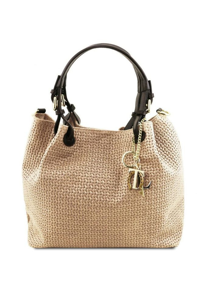Шкіряна сумка-шопер KeyLuck з плетеним тисненням Tuscany TL141573 (Бежевий) Tuscany Leather (364220976)
