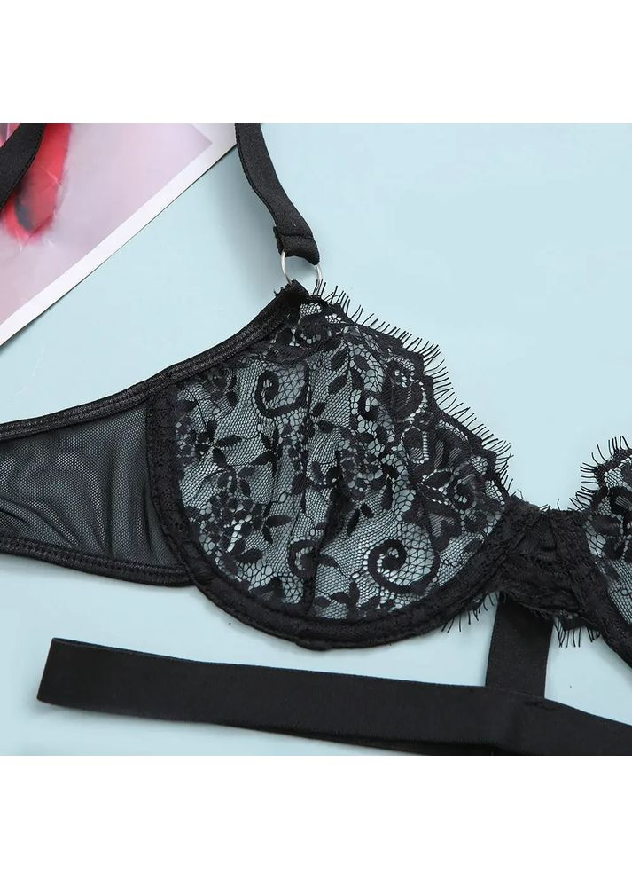 Черный демисезонный кружевной комплект с поясом. черное женское нижнее белье сексуальное. черное эротическое нижнее белье для обольщения No Brand