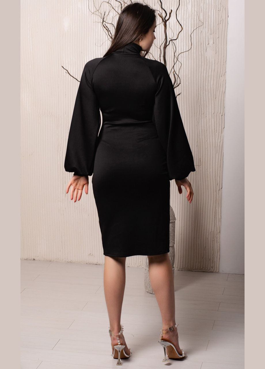Черное коктейльное элегантное платье-гольф по колено с рукавом реглан и разрезом. обтягивающее, трикотажное. No Brand однотонное