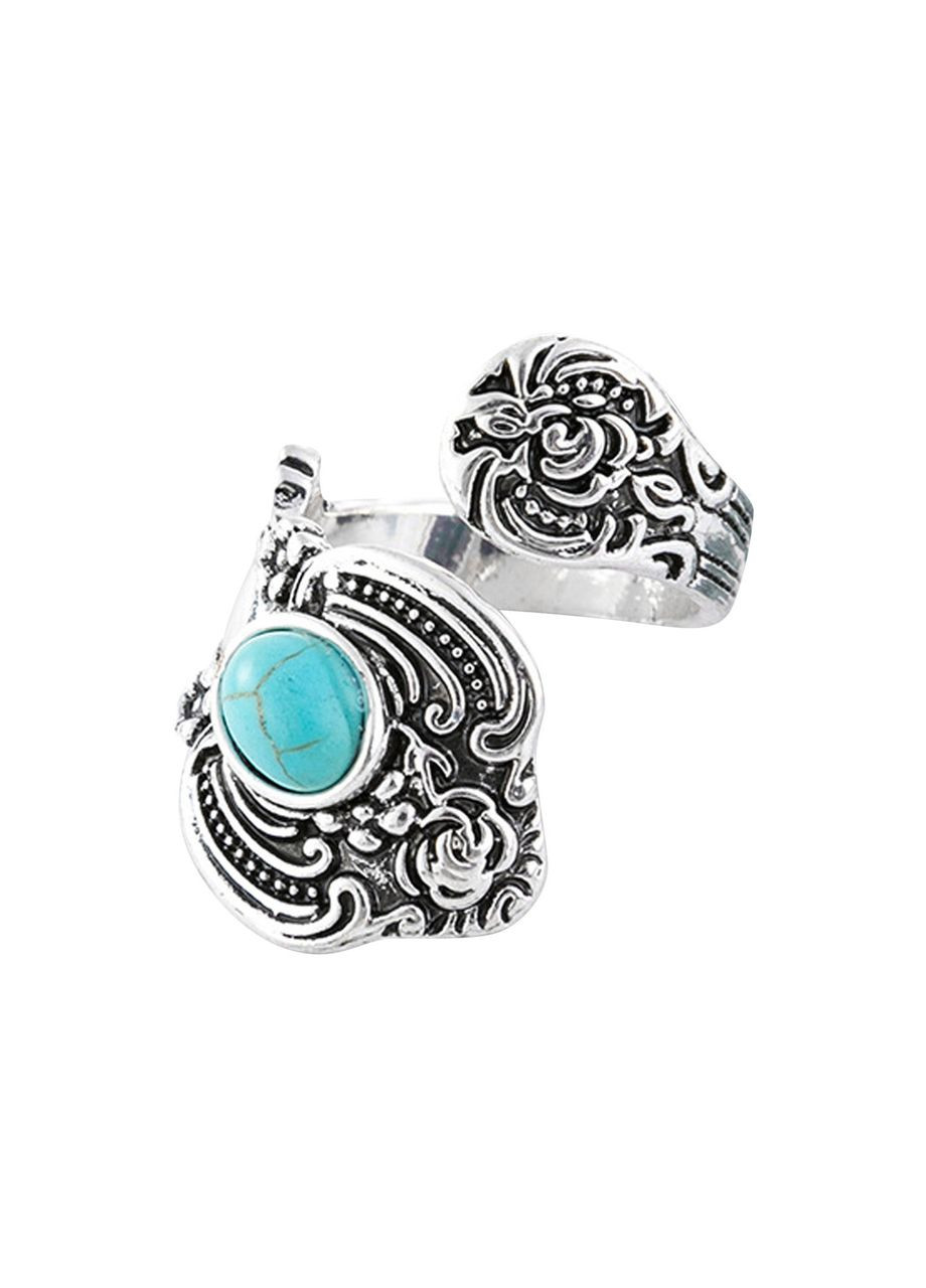 Стариное креативное женское кольцо безразмерное в виде Ретро Цветка с бирюзовым камнем серебристое Fashion Jewelry (294180807)