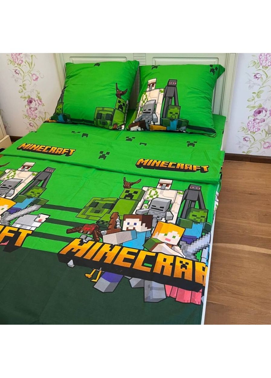 Детское постельное белье полуторное зеленое Minecraft Бязь Голд 618417 Ananasko (366959159)