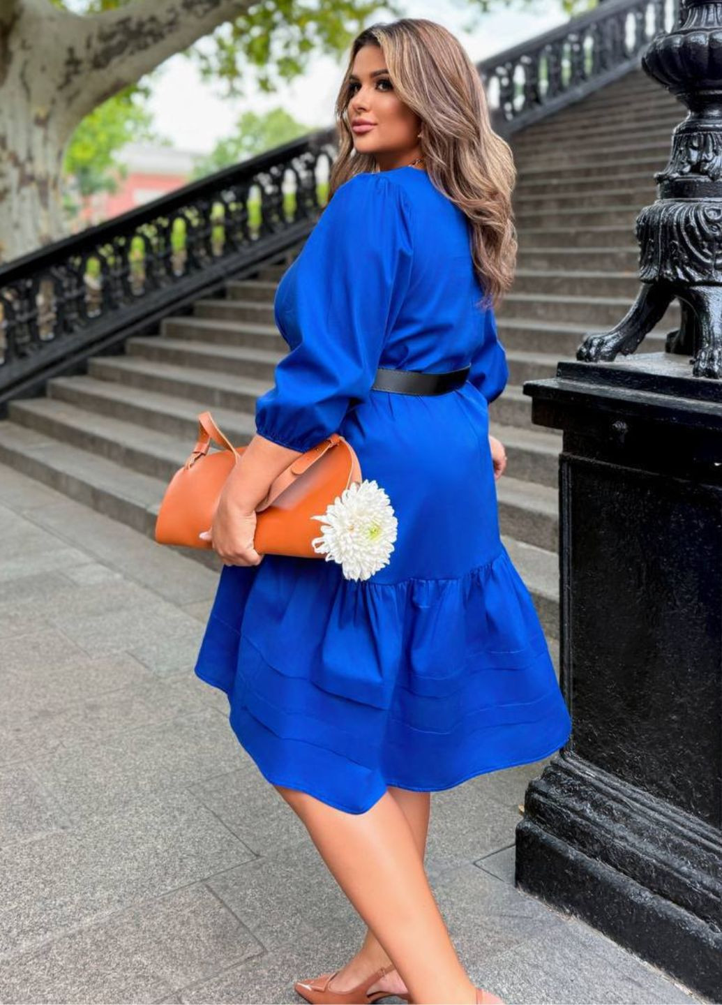 Синя повсякденний вишукана вільна міді сукня з рукавами ліхтарик три чверті та поясом в комплекті Allthings однотонна