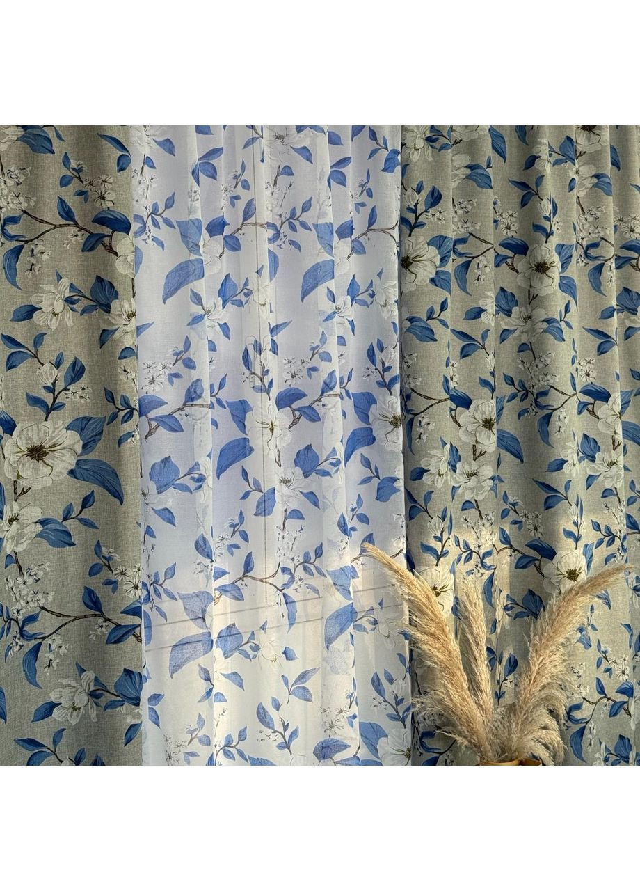 Елегантний комплект: штори (імітація льон) + тюль (батист) сіро-синього кольору з квітковим малюнком. No Brand (370278942)