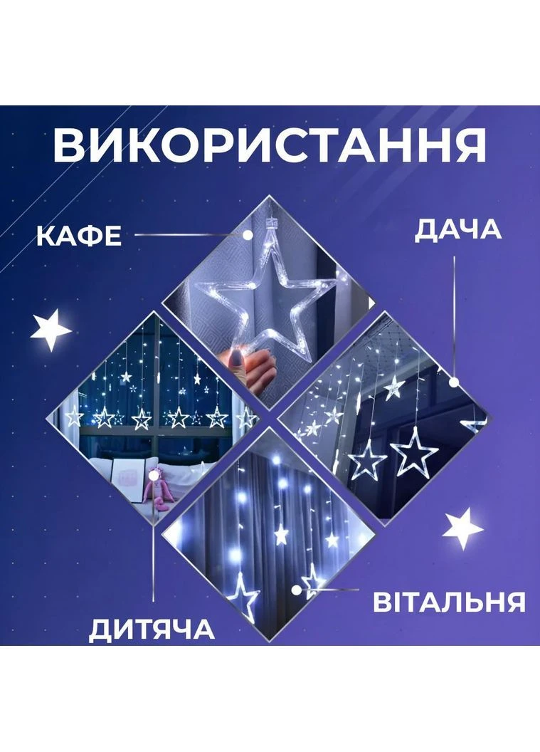 Гірлянда штора 3х0,7 м Зірки на 108 LED лампочок світлодіодна 6 великих та 6 маленьких зірок 9В 8 режимів 1733053ML Garlando (396561273)