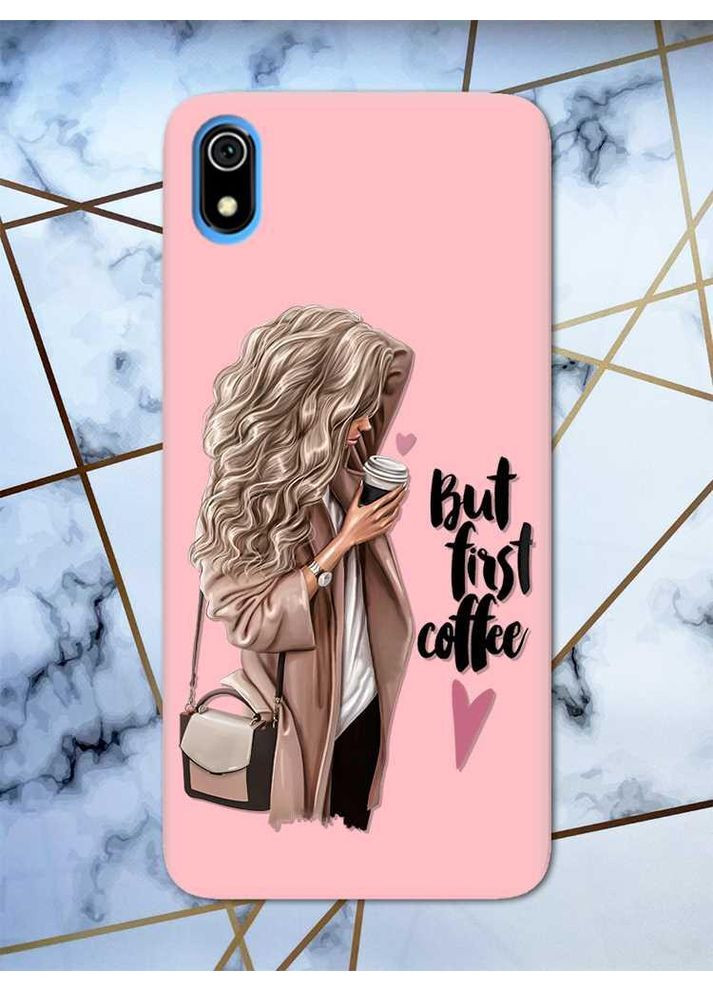 Матовий рожевий чохол на Xiaomi Redmi 7A дизайн Дівчина з кавою принт 114 Creative (359482319)