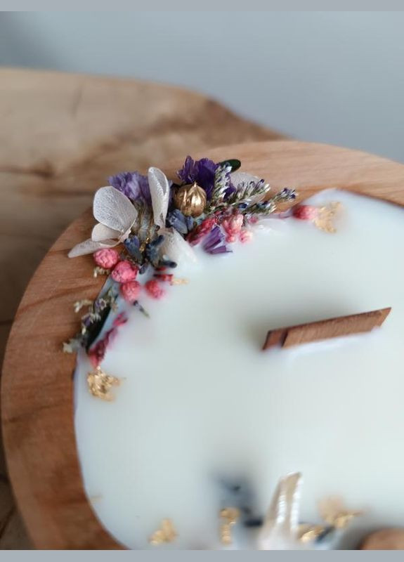 Ароматическая свеча в деревянном кашпо с трескотливым фитилем и сухоцветами Hand Made (346591212)