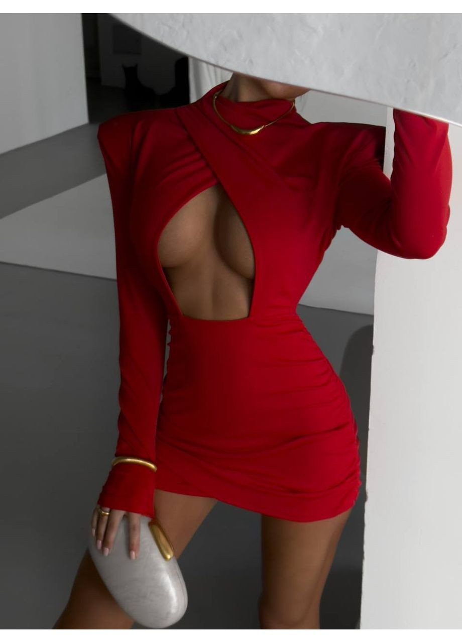 Червона святковий сукня міні з акцентними плечима з мікродайвінгу — заміри в описі силуетна GD/GL Модний простір однотонна
