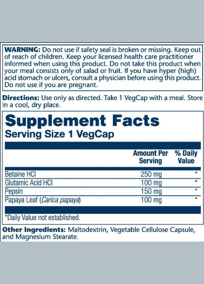 Бетаїн HCl для травлення 250мг 100 капсул без добавок Solaray (367956464)