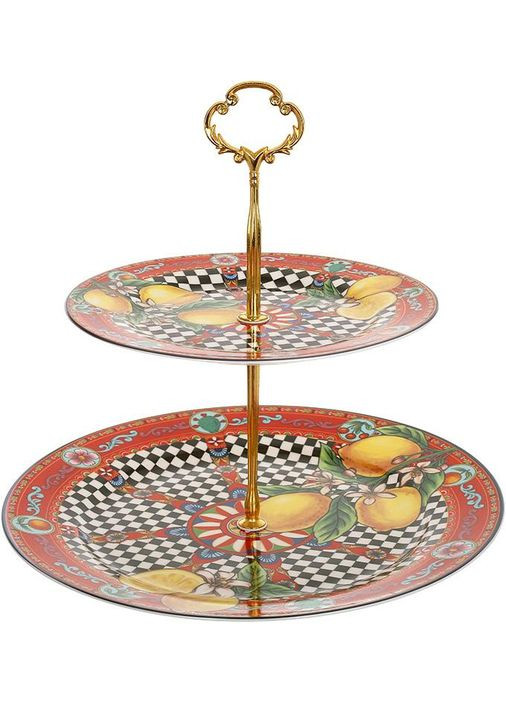 Фуршетная стойка Sicilia "Limoni" (Лимоны) Ø27см и Ø19см, фарфоровая 2-х ярусная фруктовница Bona (372172216)